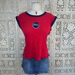 Y2K Coca Cola Red & Navy Retro Cap Sleeve Ribbed T shirt Sz M/L